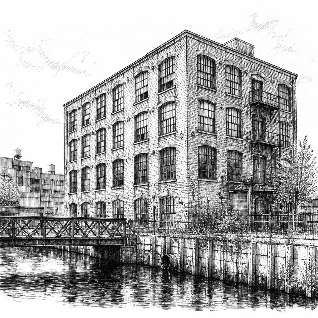 Ink sketch of a Gowanus canal-side loft building