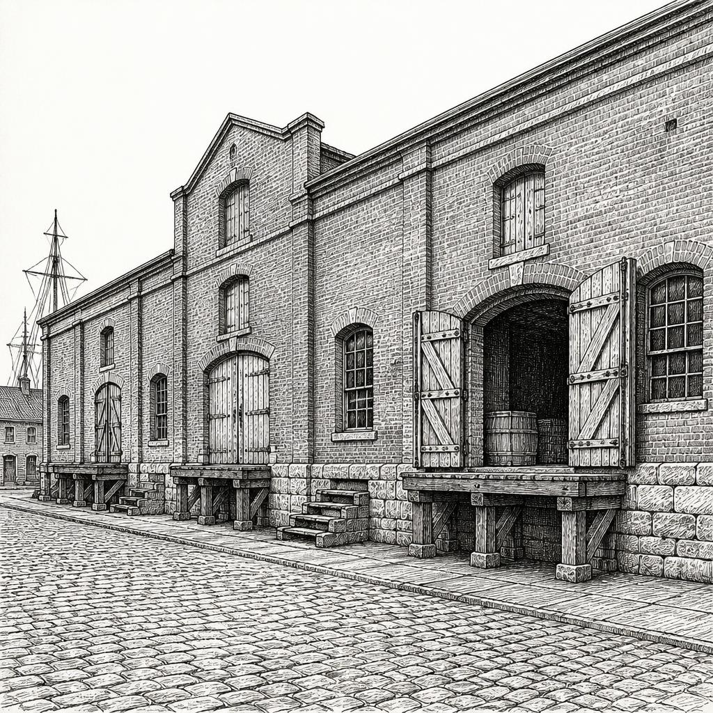Ink sketch of a Red Hook waterfront warehouse